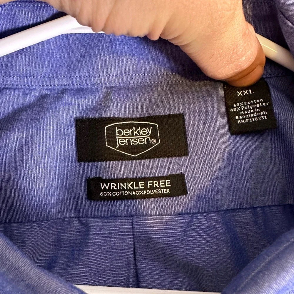 Berkley Jensen Mens XXL Blue Short Sleeve Button Down Shirt Wrinkle Free Cotton